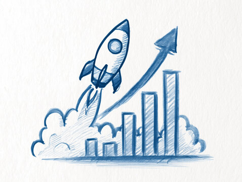 blue rocket launch with rising graph clip art preview