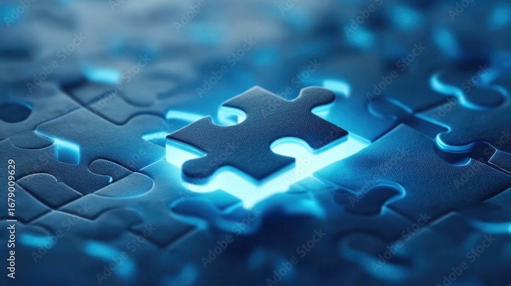 Poster glowing puzzle piece illuminated on dark background in a mystical and creative setting for conceptua