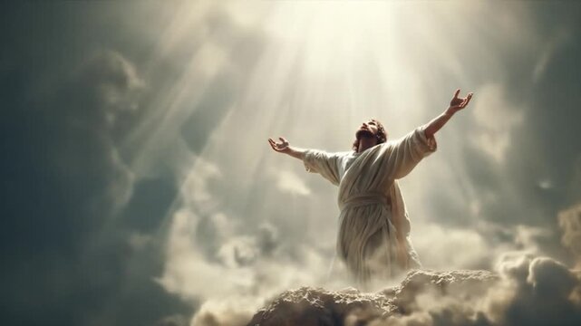 A man in robes with arms outstretched, standing on a rocky surface amidst swirling clouds, bathed in beams of light from above