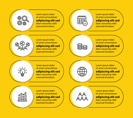 8 steps infographic template with 8 options. Flowchart that can be used for business report, data visualization and presentation. Timeline infographic elements vector illustration.