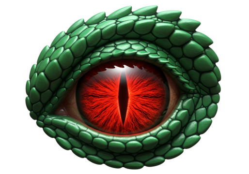 Close-up of a formidable reptile eye, detailed scales in vivid green, showcasing a captivating red iris against a dark background.
