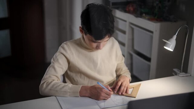 Side view of a teenage boy drawing geometric shapes with a triangle ruler on graph paper at a home desk under a lamp.