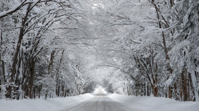 Winter Trees Michigan. Snow Covered Road Lined with Canopy of Snow Covered Trees in the Upper Peninsula
