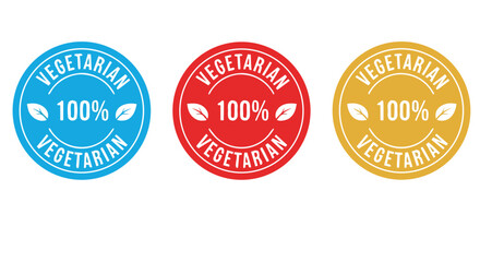 Fototapeta premium Three vegetarian label icons in blue red and yellow on transparent background