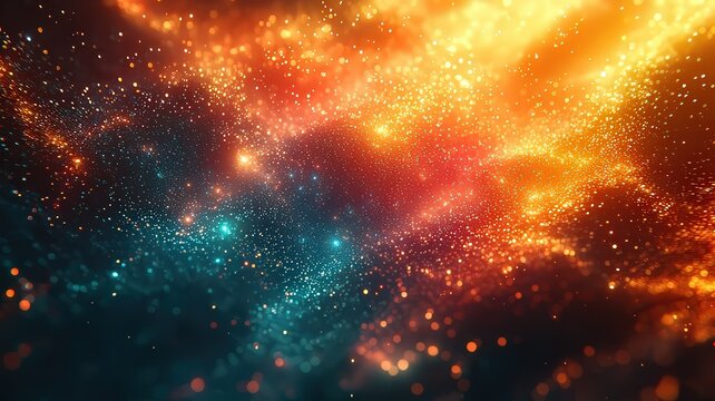 Vibrant cosmic explosion of orange and blue particle, creating a mesmerizing astract background perfect or technology and space-thmed projects.