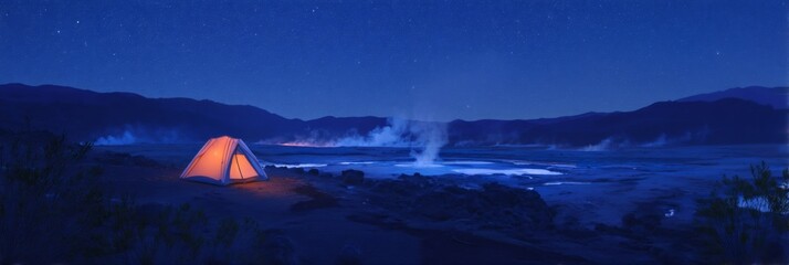 Peaceful Night Camping Under Starry Sky with Illuminated Tent Beside Calm Water and Steaming Geysers in Quiet Wilderness