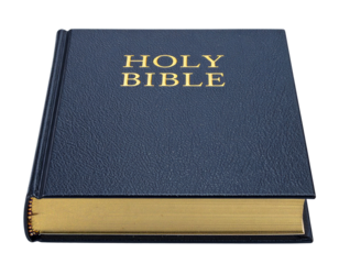 Holy Bible with Black Leather Cover Closed Front View, Gold Lettering, Isolated on White Background