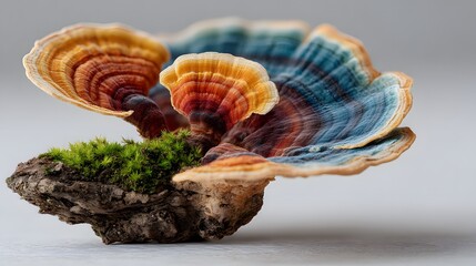 Highly detailed macro shot of a vibrant turkey tail mushroom showcases its beautiful, concentric rings of color on a piece of mossy, weathered wood.