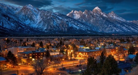 Wyoming Cityscape at Dusk: Mountain View of Jackson Hole Town