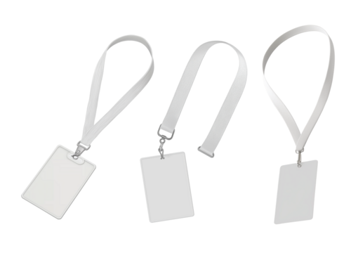 white id card with ribbon on transparent background, cutout