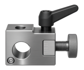 Lathe carriage stop, adjustable for repeatable positioning during machining operations.