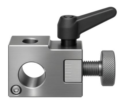 Lathe carriage stop, adjustable for repeatable positioning during machining operations.