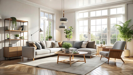 Modern minimalist living room with soft natural lighting