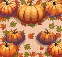A festive pattern with pumpkins and fall leaves on a rustic wooden background, perfect for Thanksgiving, harvest, and seasonal design projects.