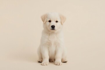 Obraz premium Adorable puppy sitting studio beige background