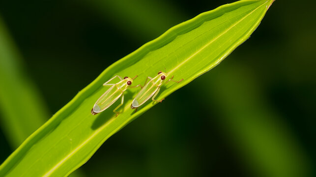 Leafhoppers perched on green leaves