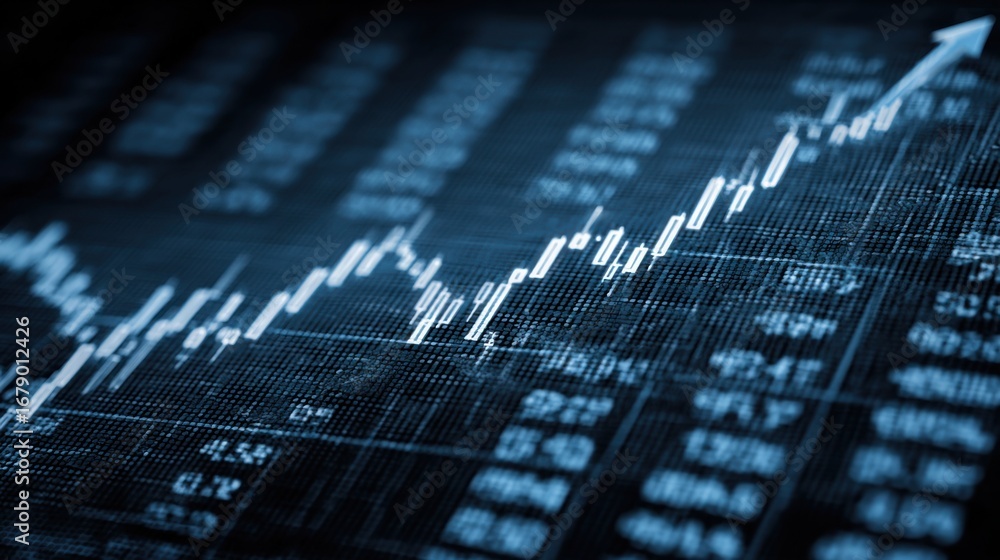 Poster data visualization displays an upward trend in financial markets with fluctuating values and a posit
