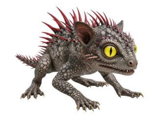 A detailed 3D rendering of a small, scaled creature with spiky red protrusions, showcasing an aggressive pose against a black background.