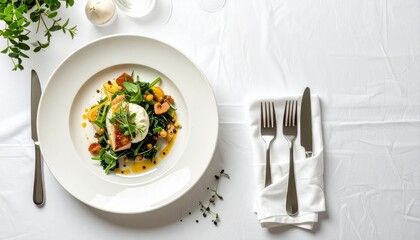 Elegant plate of poached egg and greens sits on a white linen tablecloth in a brightly lit restaurant, showcasing fine dining presentation.