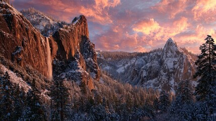 Yosemite National Park Sunset: Breathtaking Winter Landscape with Bridalveil Fall