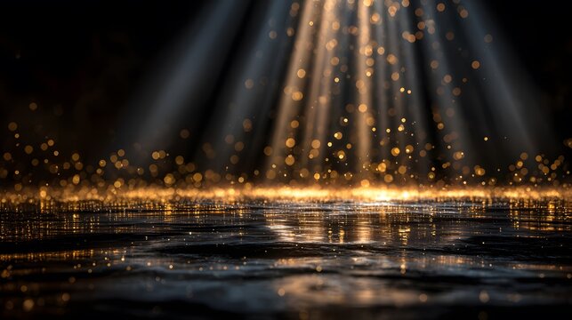 Luxurious, empty awards stage with a polished, reflective floor is illuminated by brilliant golden light beams and a cascade of sparkling bokeh.