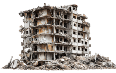 Striking image of a devastated building, symbolizing resilience and urban decay, ideal for impactful storytelling projects and design elements