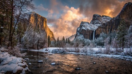 Yosemite National Park Sunset: Winter Landscape featuring Bridalveil Fall