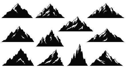 Collection of various mountain silhouettes in different shapes and sizes