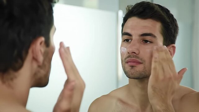 Eye Level Portrait of a Man Applying Facial Cream in Bathroom Mirror Showcasing Skincare Routine and Grooming Habits Emphasizing Self-Care and Health with Morning Freshness