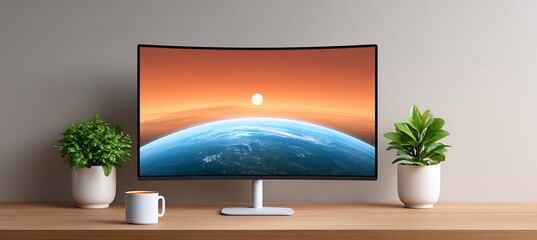 Best curved monitor for gaming and office use on desk with plants and mug of coffee on the table .mockup 