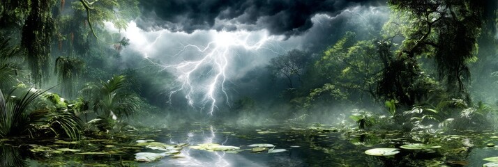 Dramatic Lightning Strikes Over Lush Jungle Landscape with Reflections on Calm Water Surface Under Stormy Sky