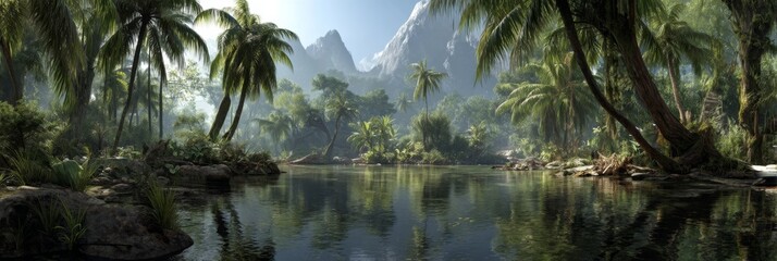 Lush Tropical Jungle Scene with Palm Trees, Mountains, and Calm Water Under Bright Blue Sky in a Serene Natural Landscape
