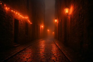 Obraz premium Mysterious foggy alley illuminated by orange street lamps
