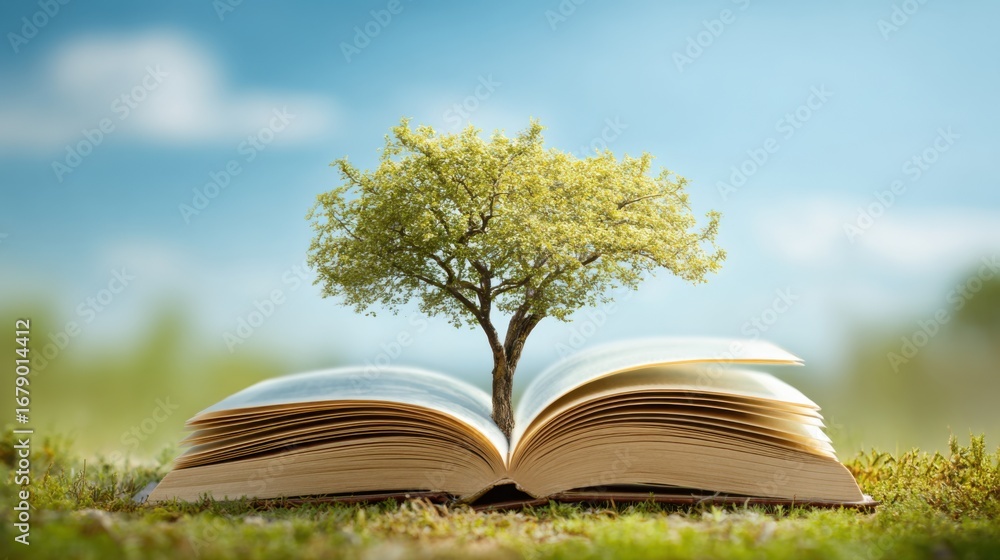 Poster a beautiful scene shows a small tree emerging from the pages of an open book resting on grass. the b