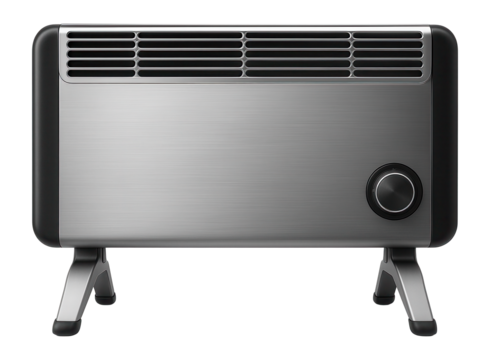 Freestanding convection heater with adjustable legs for a home workshop.