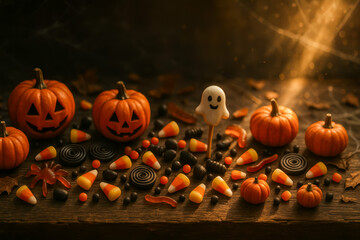 Festive halloween candy display with pumpkins and ghost lollipop