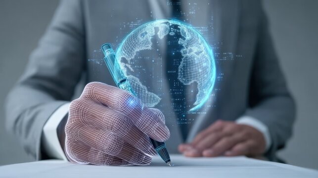 Futuristic Business Concept with a Hand Holding a Pen and a Digital Globe Projection in a Modern Office Setting - Powered by Adobe