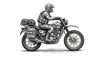 Adventure motorcycle rider sketch with camouflage gear and full equipment