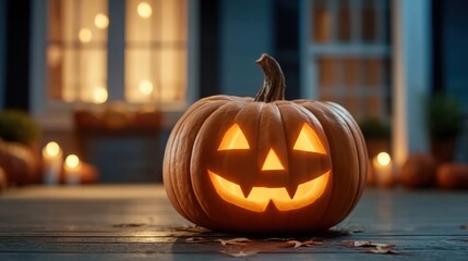 Fototapeta premium Glowing Halloween Pumpkin with Jack-o'-Lantern Face on a Cozy Porch at Night