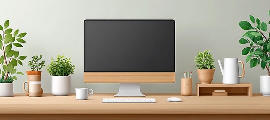 Modern minimalist desk setup with computer plants keyboard mouse and mug for home office and workspace .mockup 