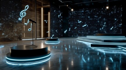 Floating holographic music notes create a futuristic stage setup for events modern venue digital art immersive experience