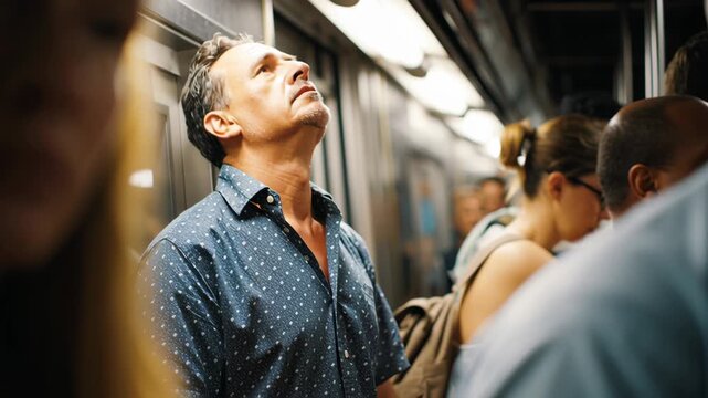 Man venting frustration using smartphone social media in crowded subway train surrounded by busy crowd and commuters