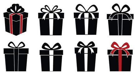 Collection of black gift boxes with various ribbon designs and colors