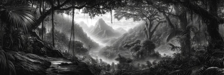 Enigmatic Black and White Jungle Landscape with Dense Foliage, Majestic Peaks, and Misty Atmosphere Captured in Monochrome