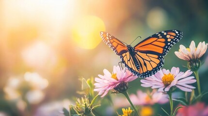 Fototapeta premium Monarch butterfly on pink flowers in sunlight. (1)