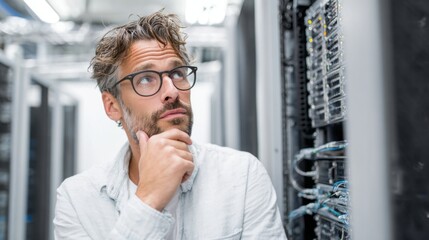 A man with glasses stands thoughtfully in a server room surrounded by racks of computers and cables, focusing on data management tasks in a modern technology environment.