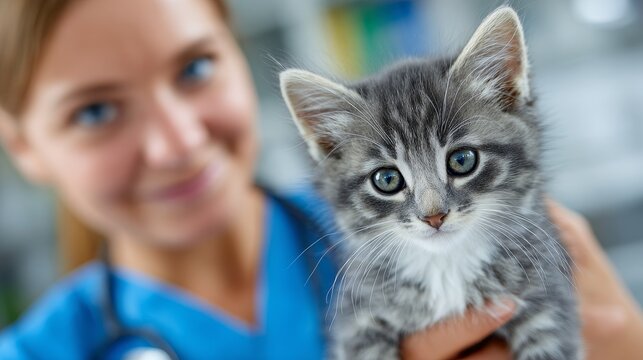 Veterinarian in blue scrubs performing gentle health check on gray tabby kitten in modern animal clinic, highlighting pet healthcare and professional veterinary services
