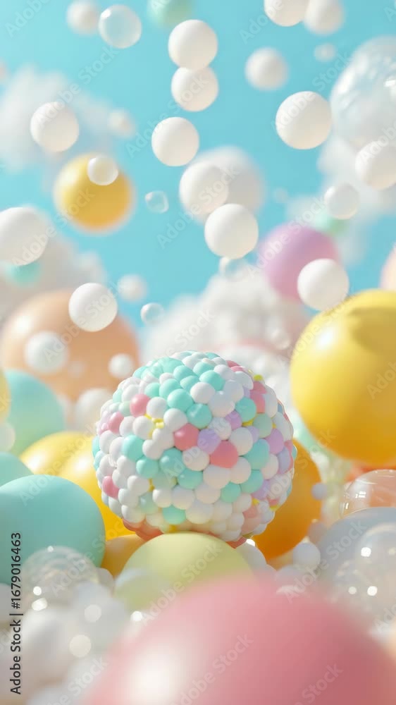 Poster colorful round objects and spheres float against a bright blue sky with soft white clouds, creating 