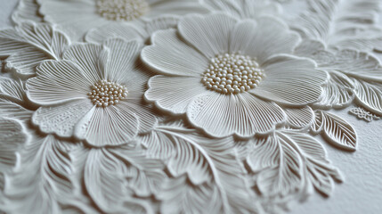 Diseño gofrado floral en relieve sobre superficie textil marfil, ideal para camisetas decorativas, moda elegante, confección artesanal y estampados sofisticados con textura tridimensional y refinado