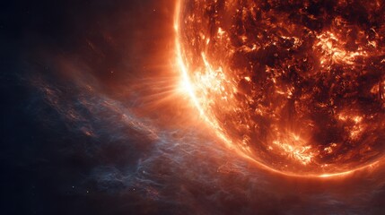 Obraz premium The sun glowing like a burning sphere of fire, solar flares erupting with high-definition cinematic textures, radiating energy in movie style